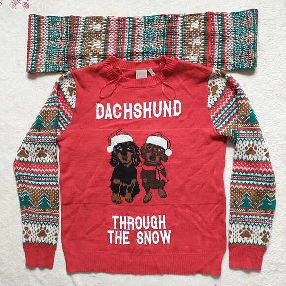 Belle De Jour Christmas Sweater Womens S Red Dachshund Through TheSnow Dog Scarf - Picture 1 of 9
